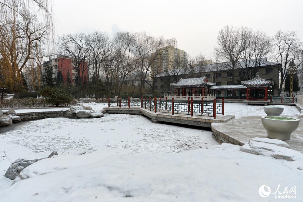 1月29日凌晨北京城區飄起零星雪花，房頂、街道披上一層白紗。（人民網記者 翁奇羽 攝）