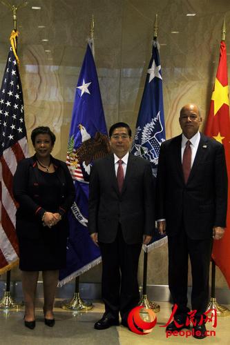 美國司法部部長林奇、國務委員郭聲琨、美國國土安全部部長約翰遜。攝影：高石
